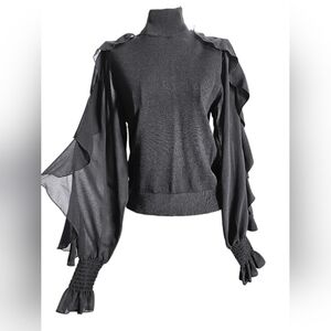 Sfera Black Knit Top Sheer Ruffle Sleeve High Neck Stretch Size S